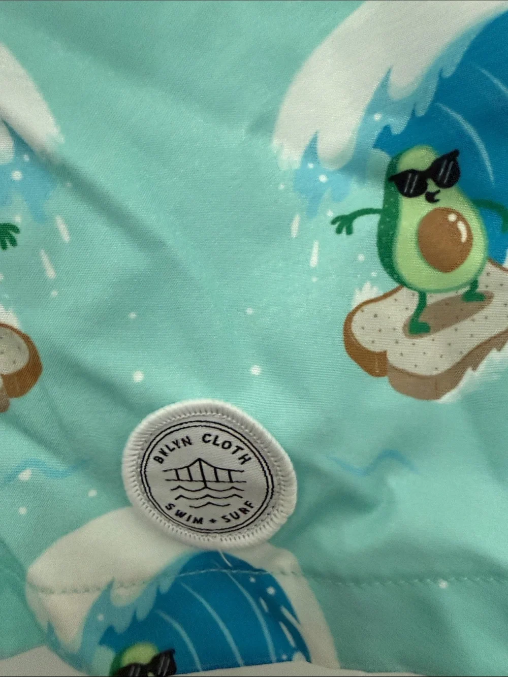 Brooklyn Cloth Mint Green Boys Swim Trunks with Blue Wave & Green Frog Print